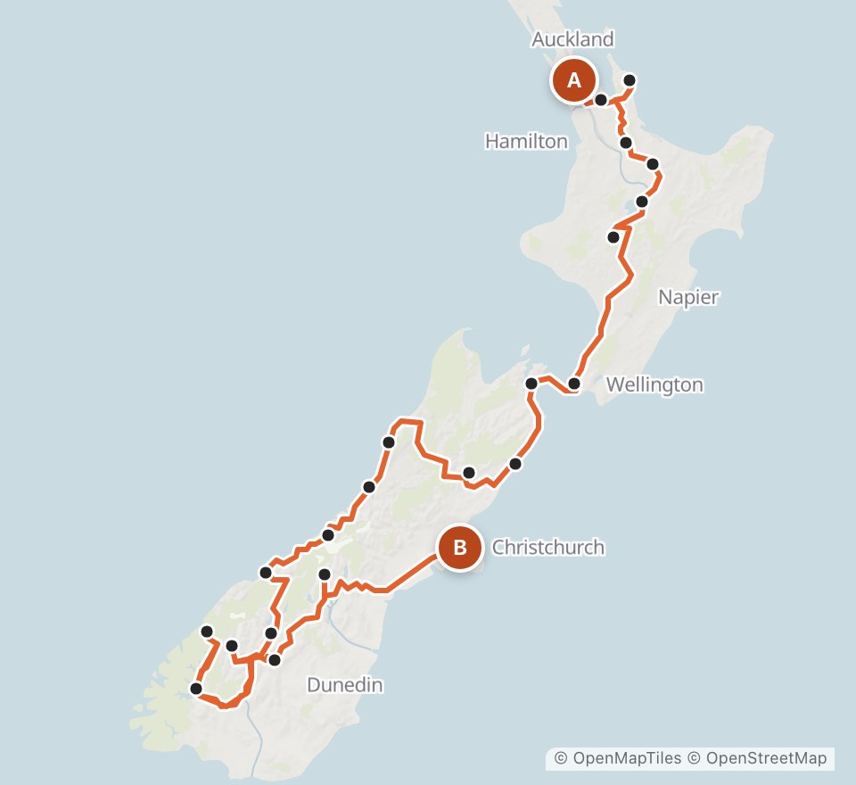 The route of the example trip, Auckland to Christchurch